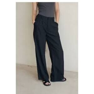A.ren Black Wide Leg Linen Pants High Rise Pleated Size Large Pockets